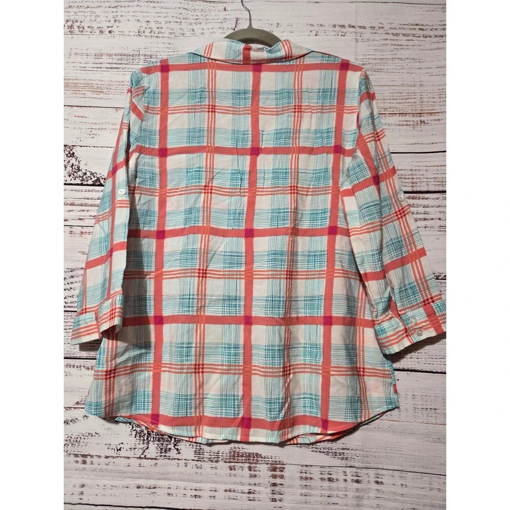 ana A New Approach Plaid Button Down Blouse Pink Blue 3/4 Roll Tab Sleeve Medium
